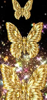 Golden butterflies with sparkling background on wallpaper.