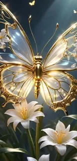 Golden butterfly with white lilies in a fantasy setting.