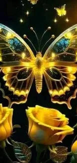 Golden butterfly with yellow roses on a dark background.