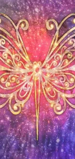 Golden butterfly on purple cosmic background wallpaper.