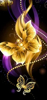 Golden butterfly with purple swirls mobile wallpaper.