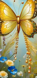 Golden butterfly surrounded by colorful flowers on a mobile wallpaper.