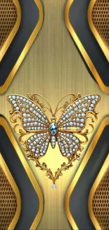 Golden butterfly with diamonds on luxurious textured background.