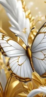 Golden butterfly with white and gold accents in elegant setting.
