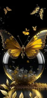 Golden butterfly atop globe with gold leaves on a black background.