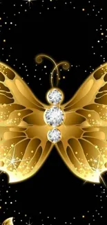 Golden butterfly with diamonds on a black background wallpaper.