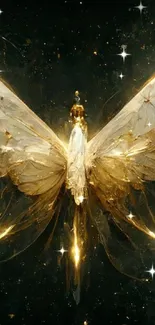 Golden butterfly with luminous wings on a dark background, exuding elegance.