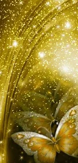 Golden butterfly with sparkling stars wallpaper.