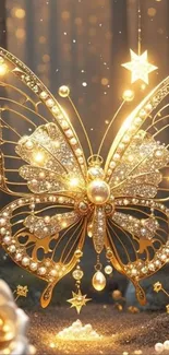 Golden butterfly with gems in a magical setting.