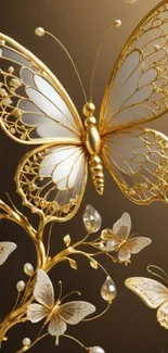 Golden butterflies with intricate designs fluttering gracefully.