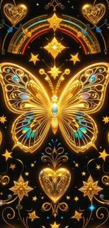 Golden butterfly and stars fantasy wallpaper.