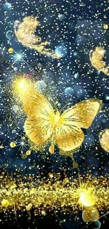 Golden butterflies with sparkling particles on a deep blue background.