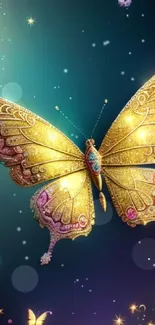 Golden butterfly in a fantasy setting with glowing flowers and vivid colors.