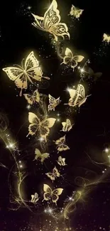 Golden butterflies on dark mystical background with artistic swirls.