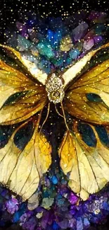 Majestic golden butterfly with jewel tones in fantasy art wallpaper.