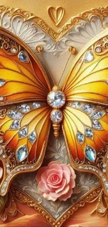 Golden butterfly with jewels and roses.