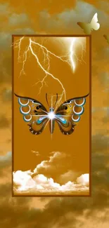 Golden butterfly with lightning and clouds on a fantasy art wallpaper.