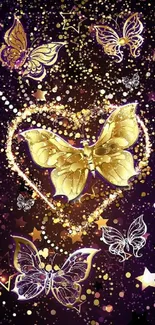 Golden butterfly on dark background with stars.