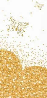 Golden butterflies with glitter sparkles on a phone wallpaper.