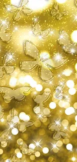 Butterflies with golden glow and sparkling lights on mobile wallpaper.