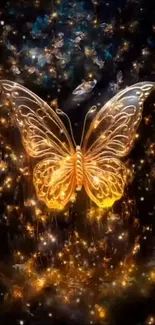 Golden butterfly floating amidst cosmic stardust on mobile wallpaper.