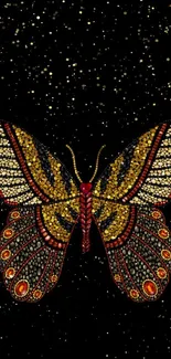 Golden butterfly with intricate design on a starry black background.