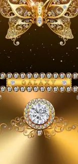 Luxurious golden butterfly mobile wallpaper with sparkling gems.