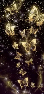 Golden butterflies shimmering against a starry night sky background.