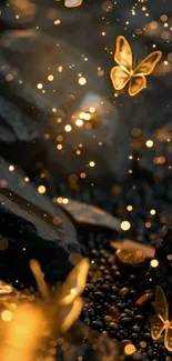 Glowing golden butterflies in dark setting.