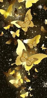 Golden butterflies fluttering in a starry night sky wallpaper.