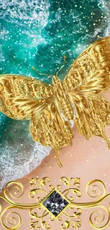 Golden butterfly on a turquoise beach background, elegant and luxurious design.