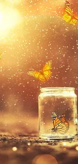 Golden butterflies flutter around a glowing jar on a serene, warm background.