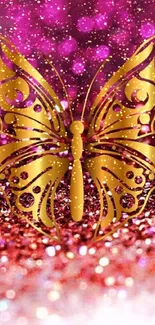 Golden butterfly on pink glitter background.