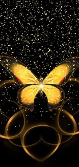 Golden butterfly with sparkles on black background mobile wallpaper.