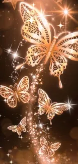 Golden butterflies with stars on orange background.