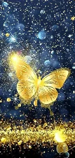 Golden butterfly with blue glowing background.