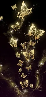 Golden butterflies on a dark background creating a magical mobile wallpaper.