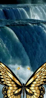 Golden butterfly on a cascading waterfall background.