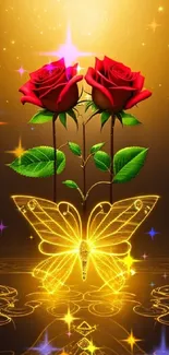 Golden butterfly and red roses glowing wallpaper.