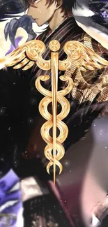 Mobile wallpaper with a golden caduceus on a dark, artistic background.