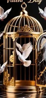 Golden cage with white doves flying around on black background.
