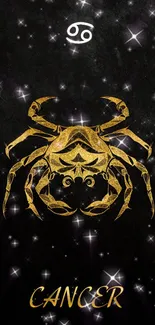 Golden Cancer zodiac sign with starry black background wallpaper.