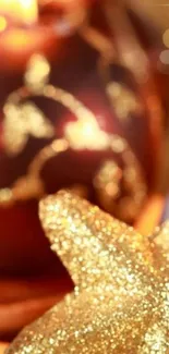 Golden candle and star close-up wallpaper, festive decor.