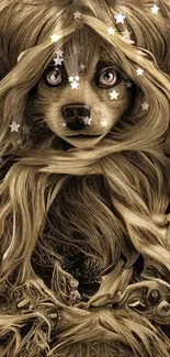 Golden brown wallpaper of a fantasy canine with intricate fur.