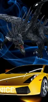 Yellow sports car with 'NICE' plate and dark dragon on black and blue background.