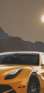 Golden sports car under twin suns on rocky desert.