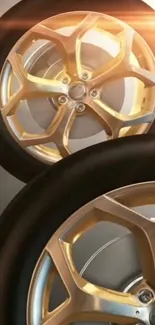 Elegant golden car wheel with metallic shine and luxury design.