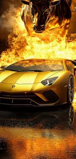 Golden sports car with a fiery bull backdrop, exuding power and luxury.