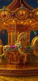 Golden carousel with jeweled horses on starry night background.