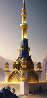 Golden castle with blue accents on a mystical, dreamy landscape.